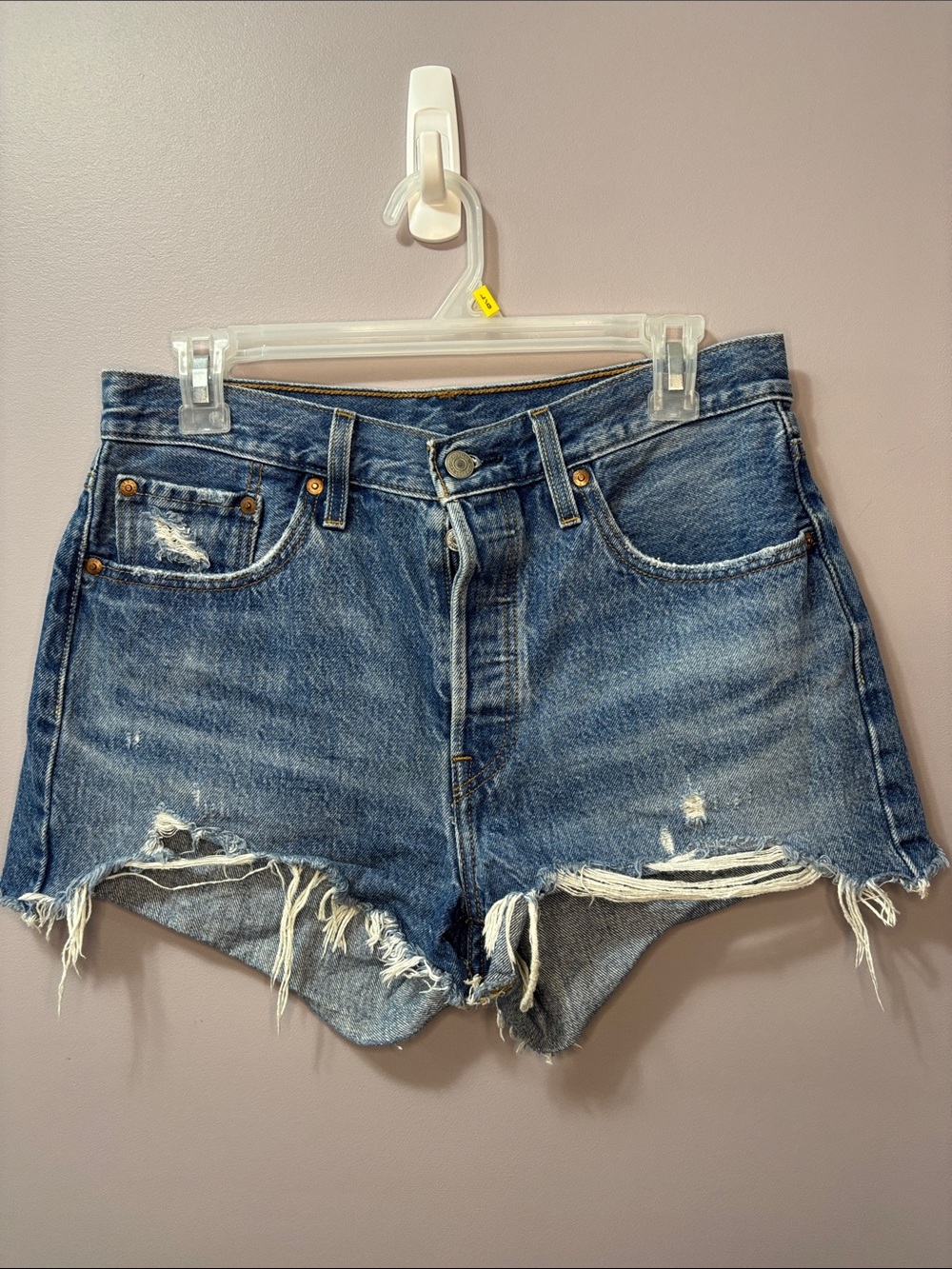Levi's Premium 501 Original High Rise Shorts Luxor Heat Medium Wash Big E Sz 28